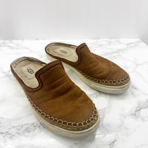 UGG Caleel Sz 5 Chestnut Brown Leather Whipstitch Espadrille Slip On Mules - Picture 4 of 6